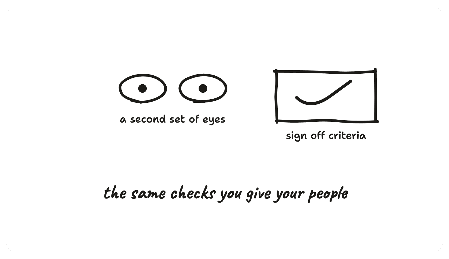 A second set of eyes and sign off criteria — the same checks you give your people