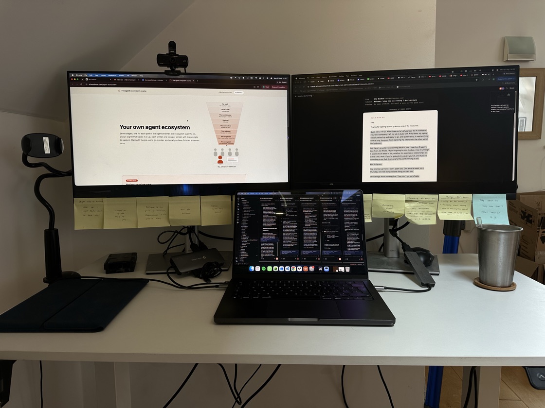 My desk, three screens, the course open on one