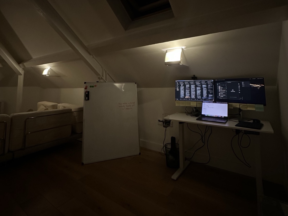 The new desk in Bristol at night, the ecosystem up on the screen and a whiteboard beside it