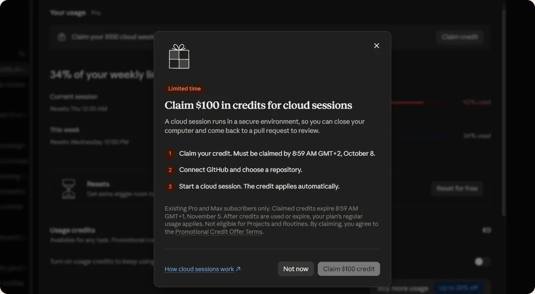 Anthropic's claim window in Claude, Claim $100 in credits for cloud sessions, with the three steps, claim it, connect GitHub and choose a repository, start a cloud session