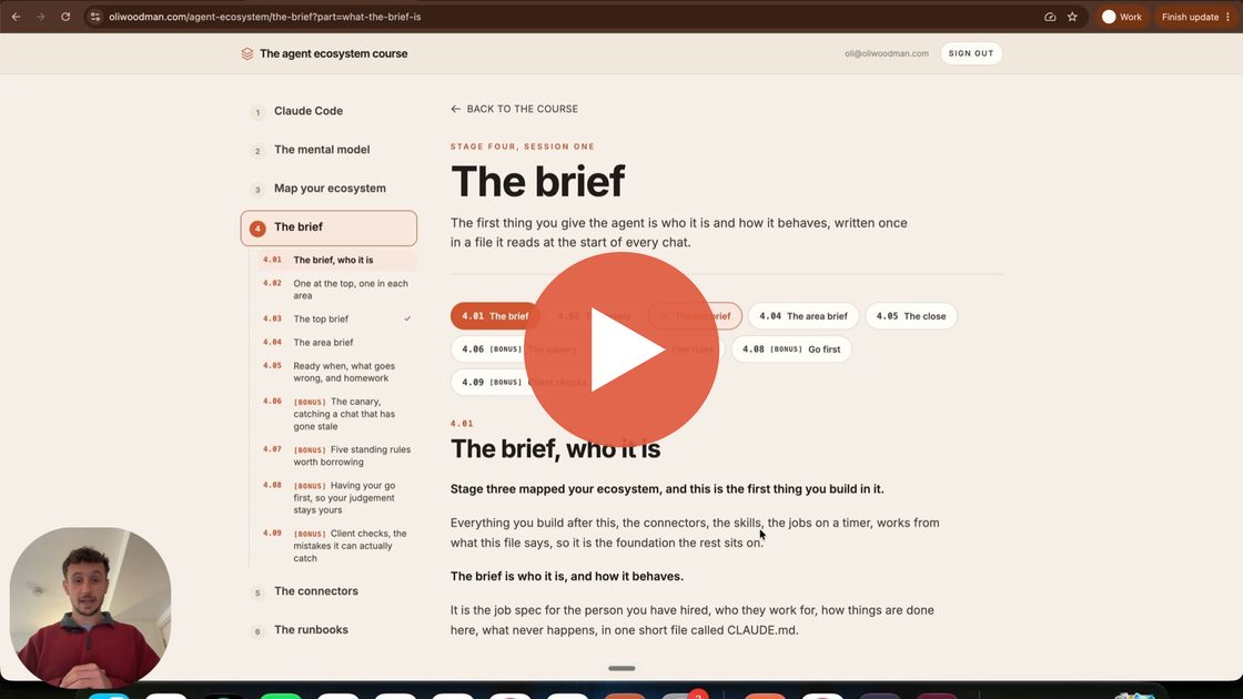 Part five of the agent ecosystem course, the brief, and a play button