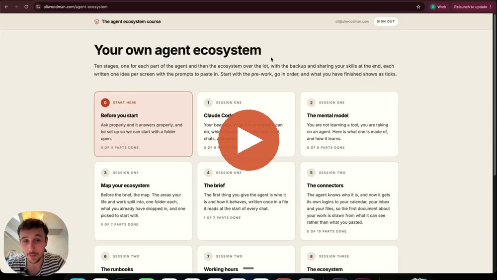 The agent ecosystem course's front page with its ten stages, Oli in the corner, and a play button