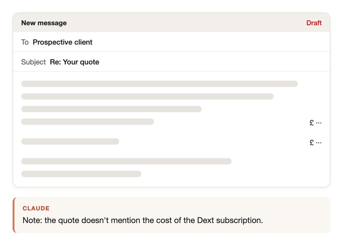 Claude's draft reply to the prospective client, the words greyed out, and under it Claude's note that the quote doesn't mention the cost of the Dext subscription