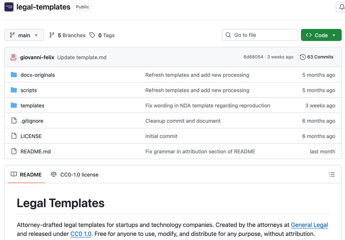 General Legal's legal-templates repository on GitHub, attorney-drafted legal templates, free for anyone to use