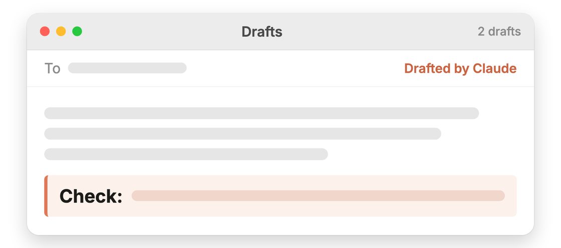A Mail window with Claude's draft reply open, and a bold check note where it wasn't sure