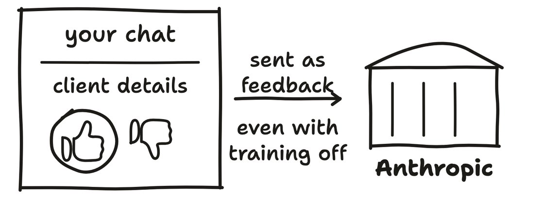 Hand-drawn sketch. A chat with client details in it and a thumbs up clicked, and the whole chat going to Anthropic, even with training switched off