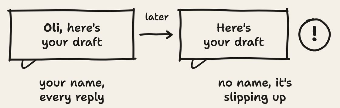 Hand-drawn sketch. A reply that starts with your name, then later a reply without it and an exclamation mark, no name, it's slipping up